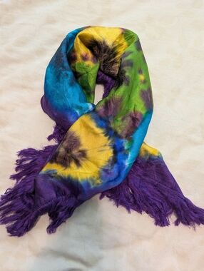 NWOT 100% Silk yellow green blue purple tie dye rectangle scarf
